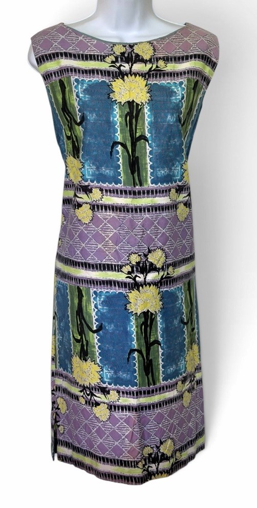 Vintage 50s Rhapsody by Glazier Mod Tiki Print Day Dress M Metal Zip Sleeveless