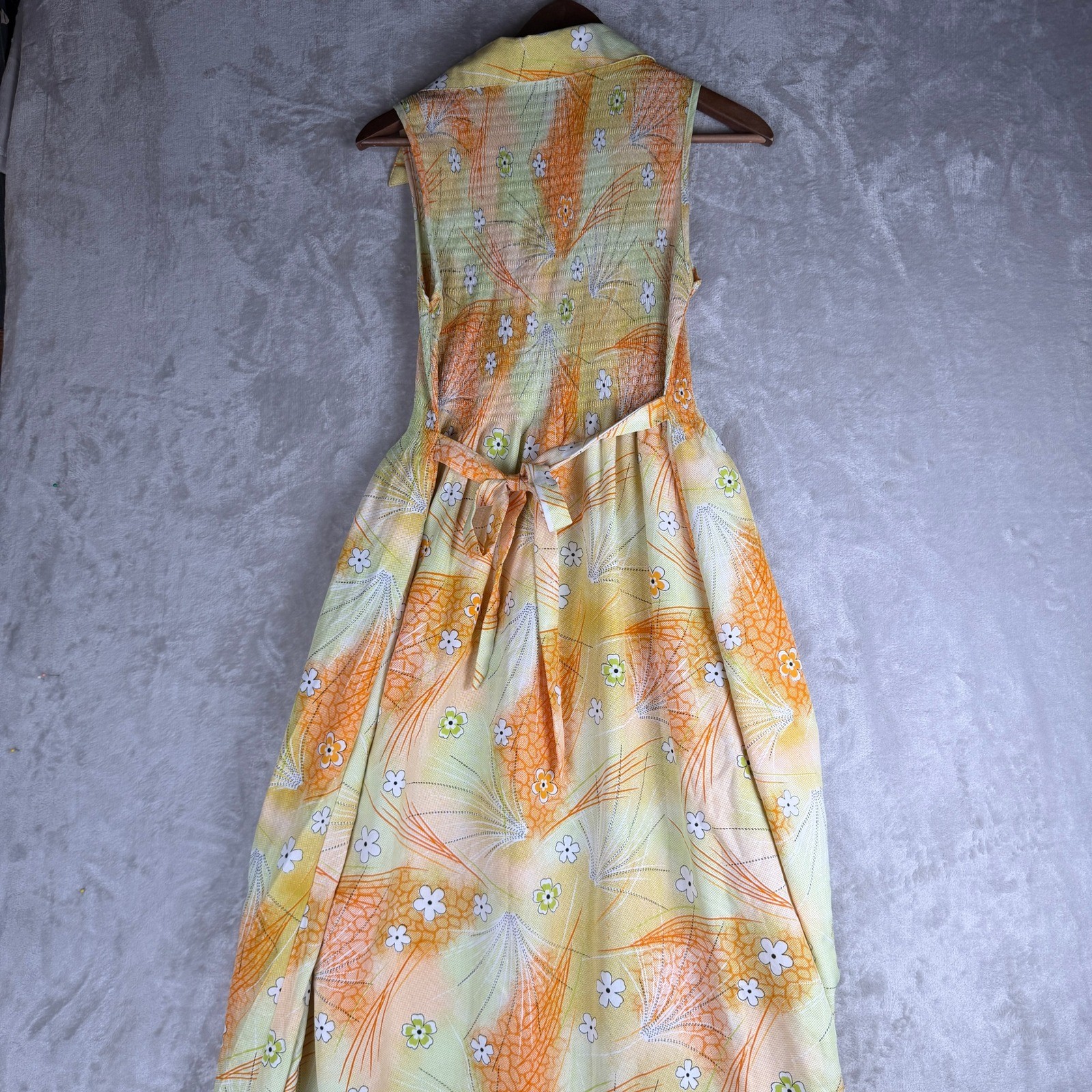 Boho soft girl Vintage 70s Floral Plisse Sleeveless Midi Dress Orange Yellow