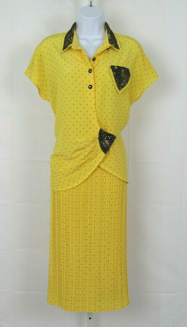 VTG 1980s GAUNILLO OF FRANCE DESIGNER SKIRT & TOP YELLOW BLACK & SILVER LACE