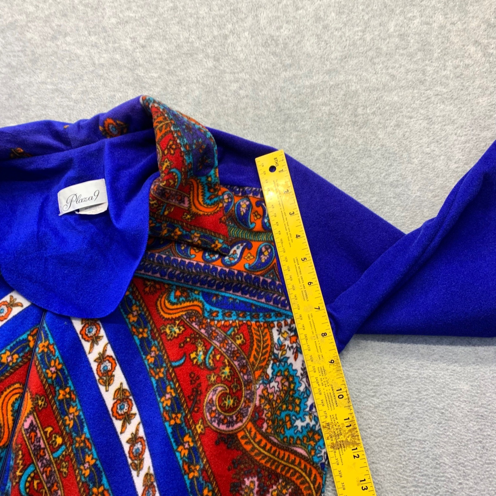 Vtg Plaza 9 Blue Psychedelic Paisley Geometric Velour Robe House Dress 70s Sm/Md