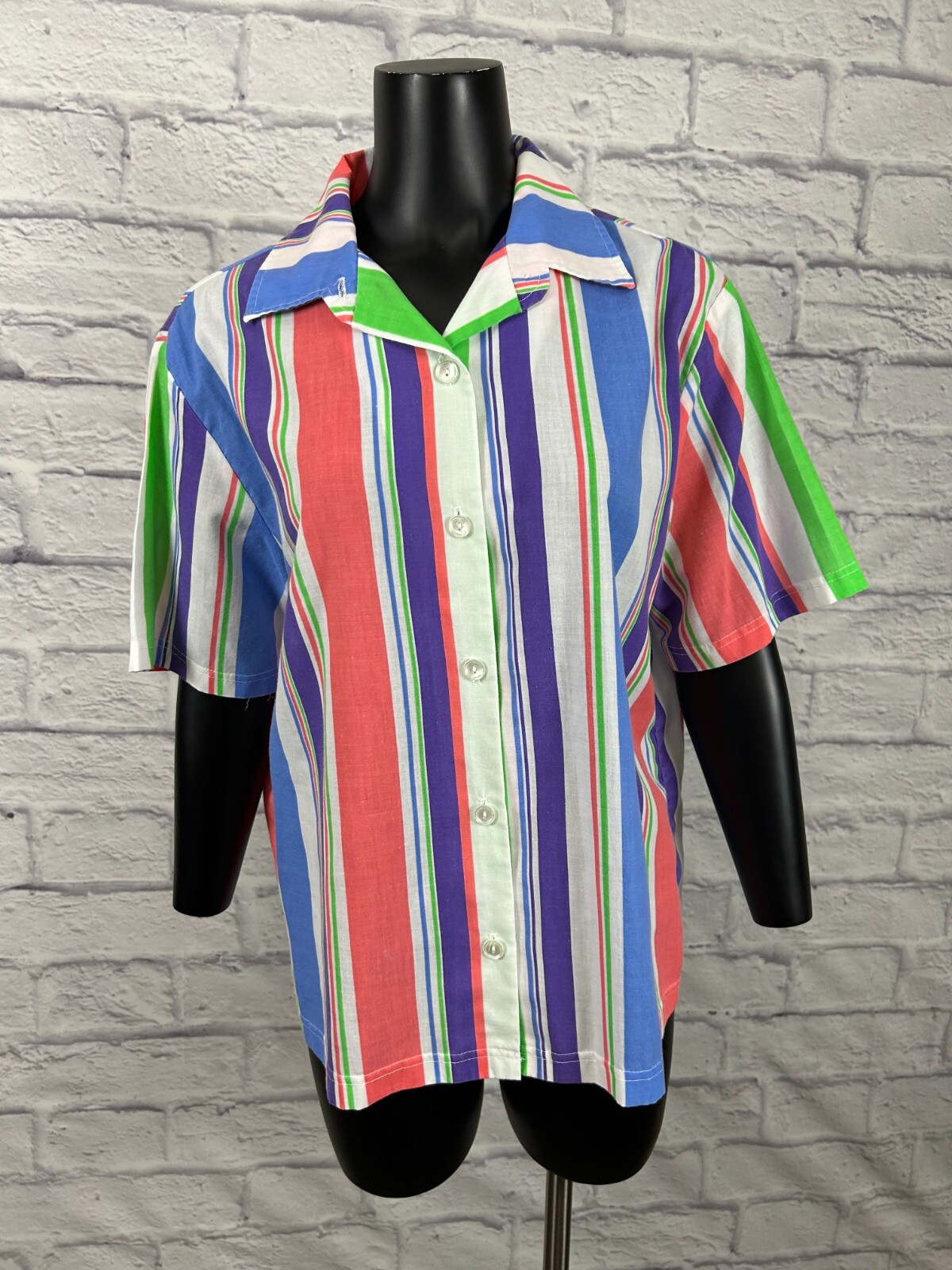 Vintage 80s Multicolor Stripe Short Sleeve Button Down Collared Women’s Large