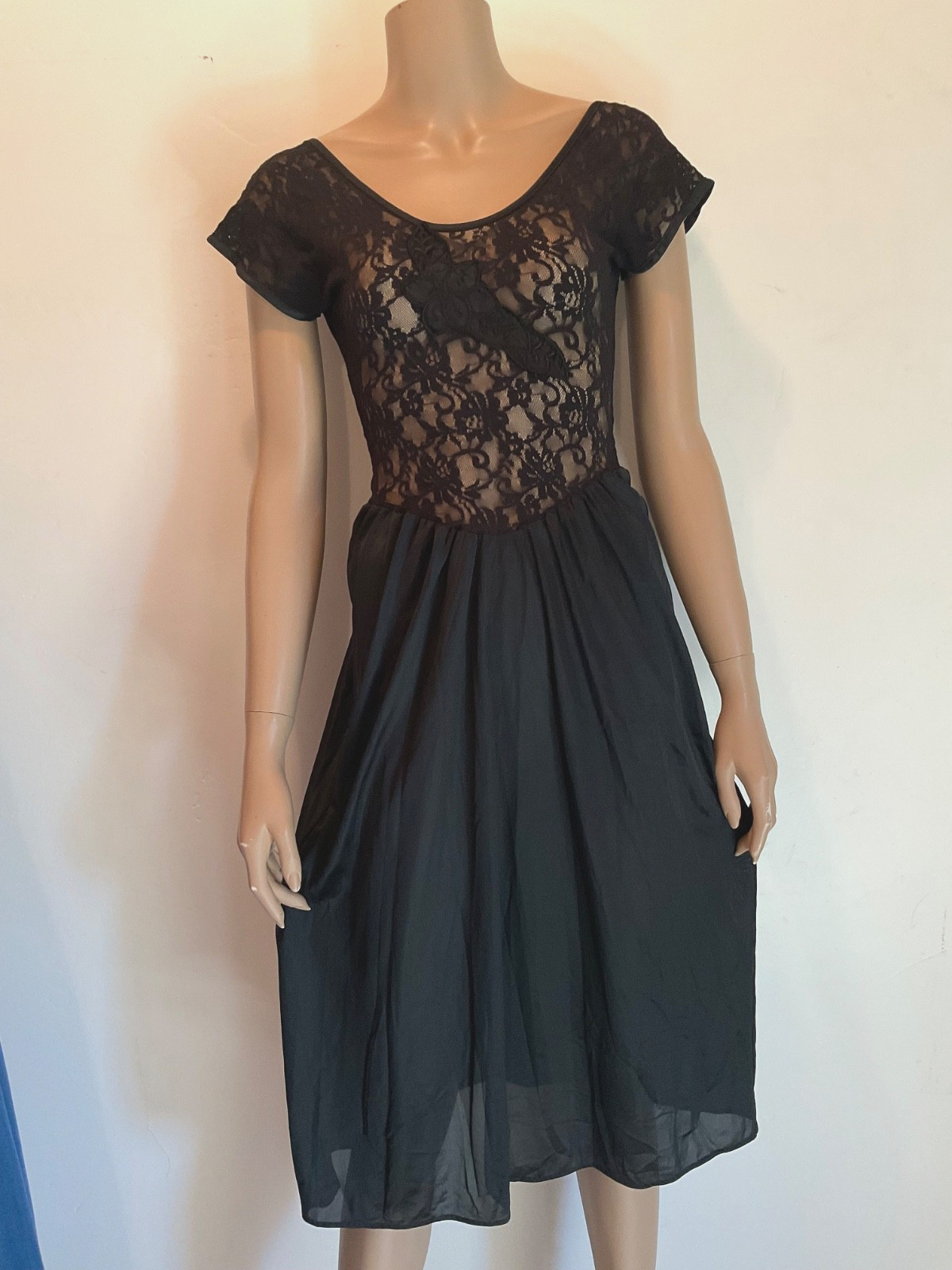 Vintage Black Lace Silky Nylon Nightgown Slip Gown