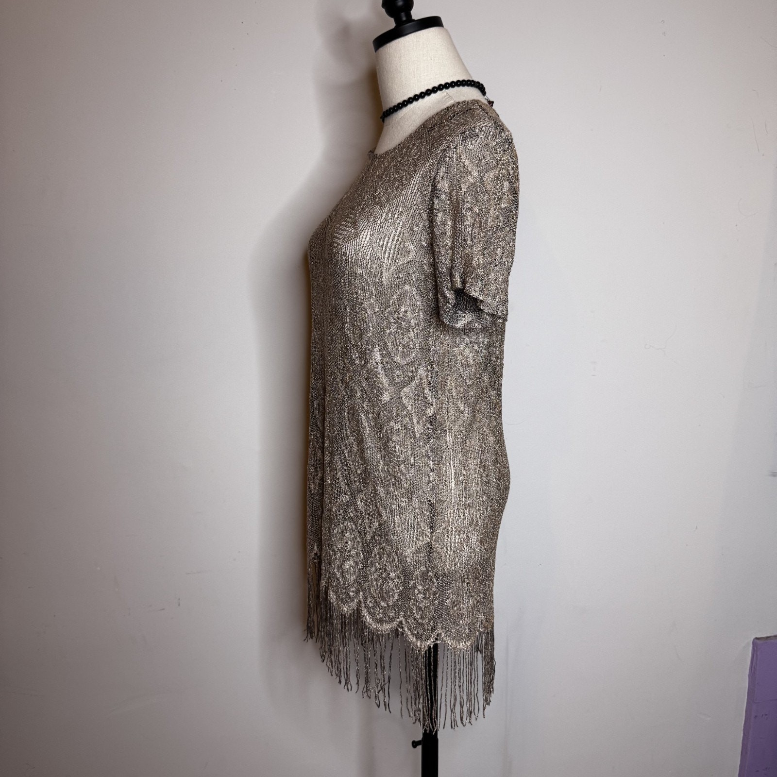 Vintage 90s Gold Lace Mini Dress Sheer Fringe Boho Flapper Goth Grunge Stunning