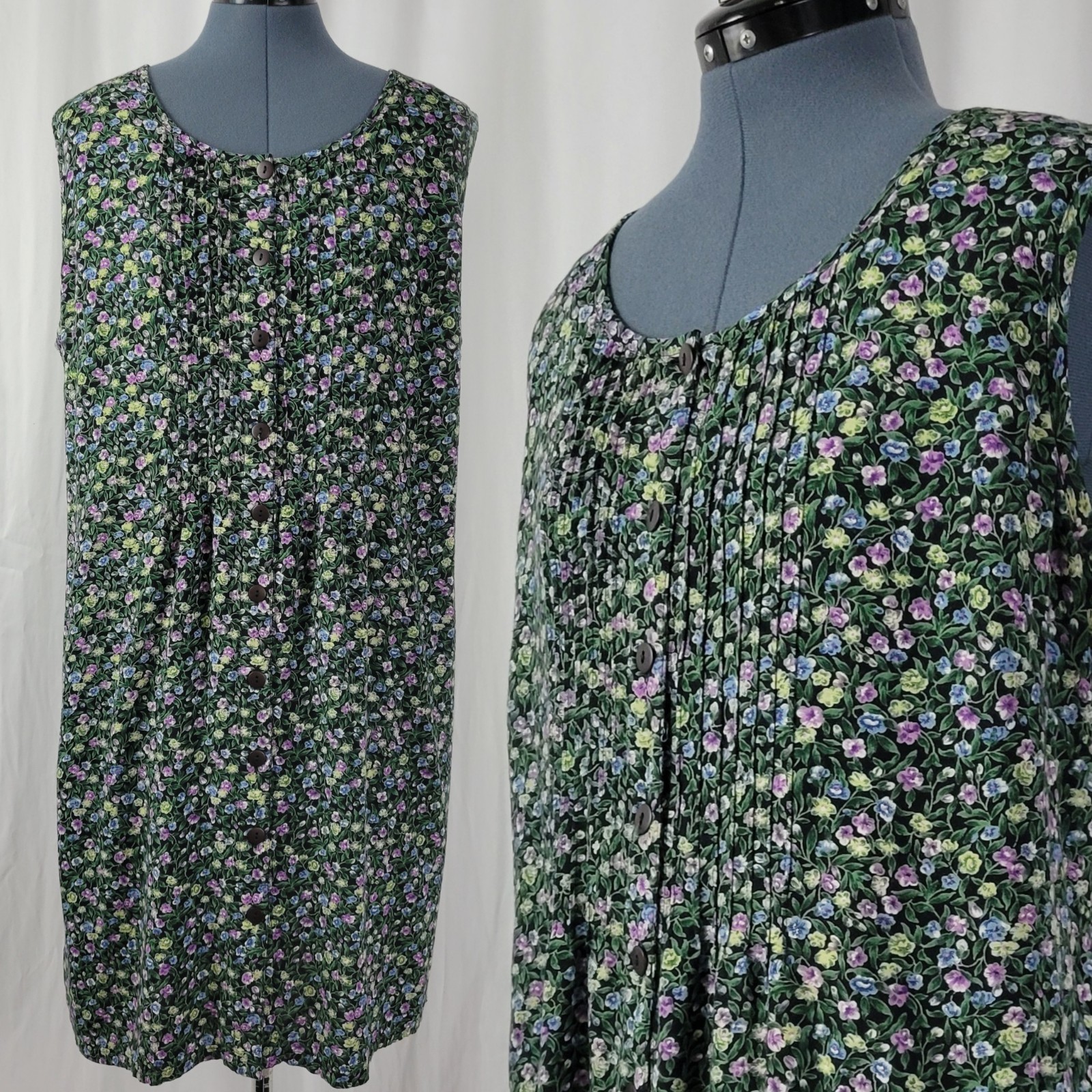 Vtg Fashion Bug Green/Purple/Blue Floral Dress w Front Button Down Size 14/16