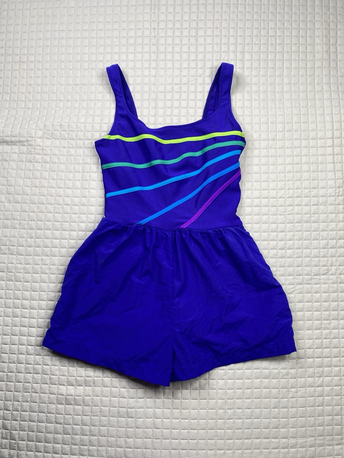 Vintage Gabar Swimwear Sz10 80s Blue Striped Shorts Playsuit Lined With Pockets