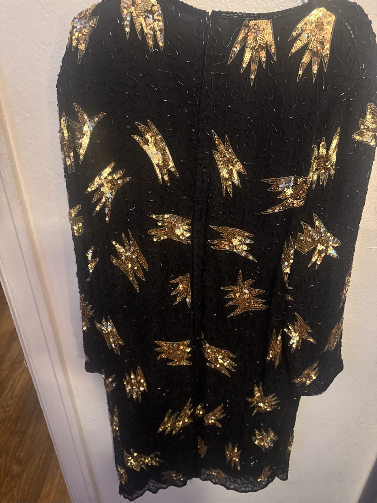 Vintage VTG 1980s 80s Carina Silk Black Beaded Gold Sequin Party Dress Sz 2X