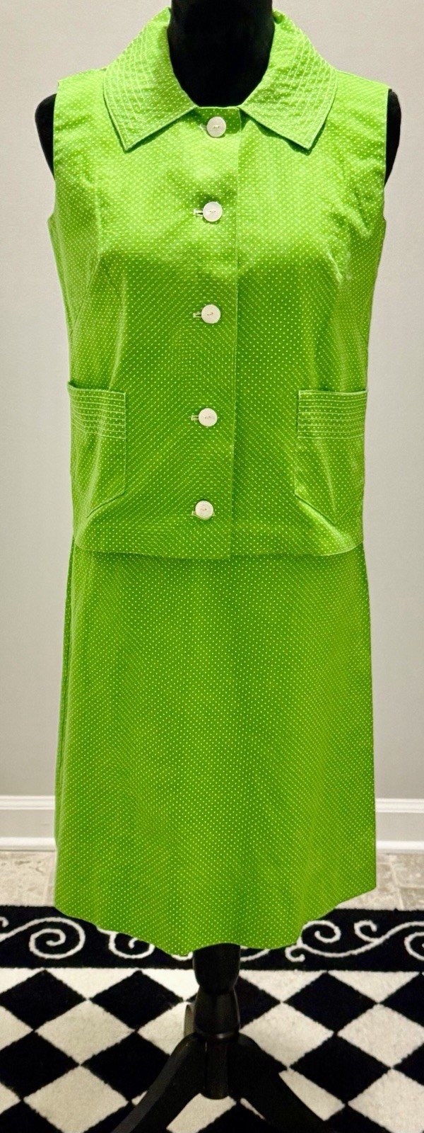 Vintage 1970s Women’s Heavy Cotton Green & White Polka Dot 2 Piece Top/Skirt