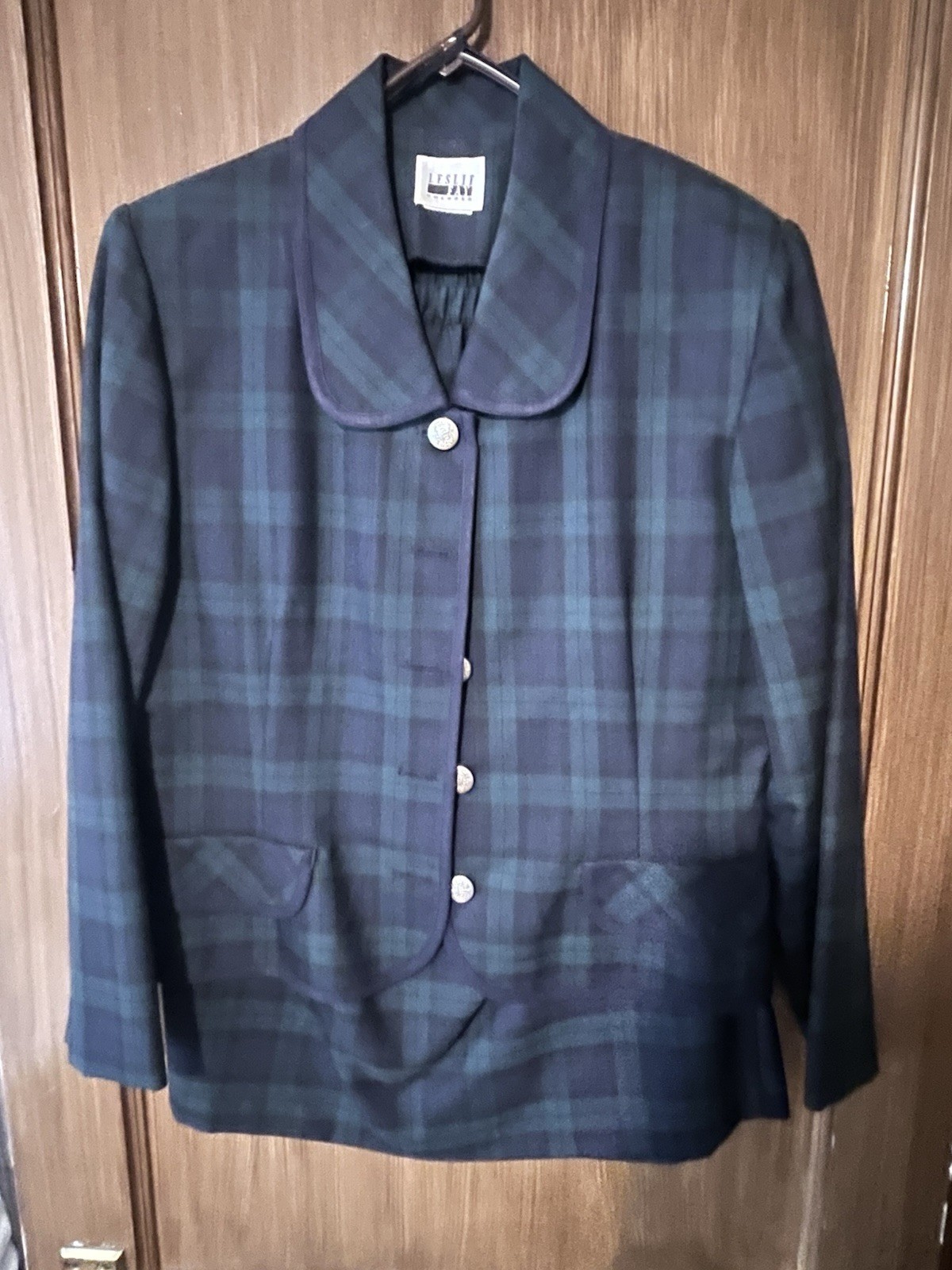 Vintage 90s Leslie Fay Plaid 2 Piece Jacket Skirt Suit Set 14