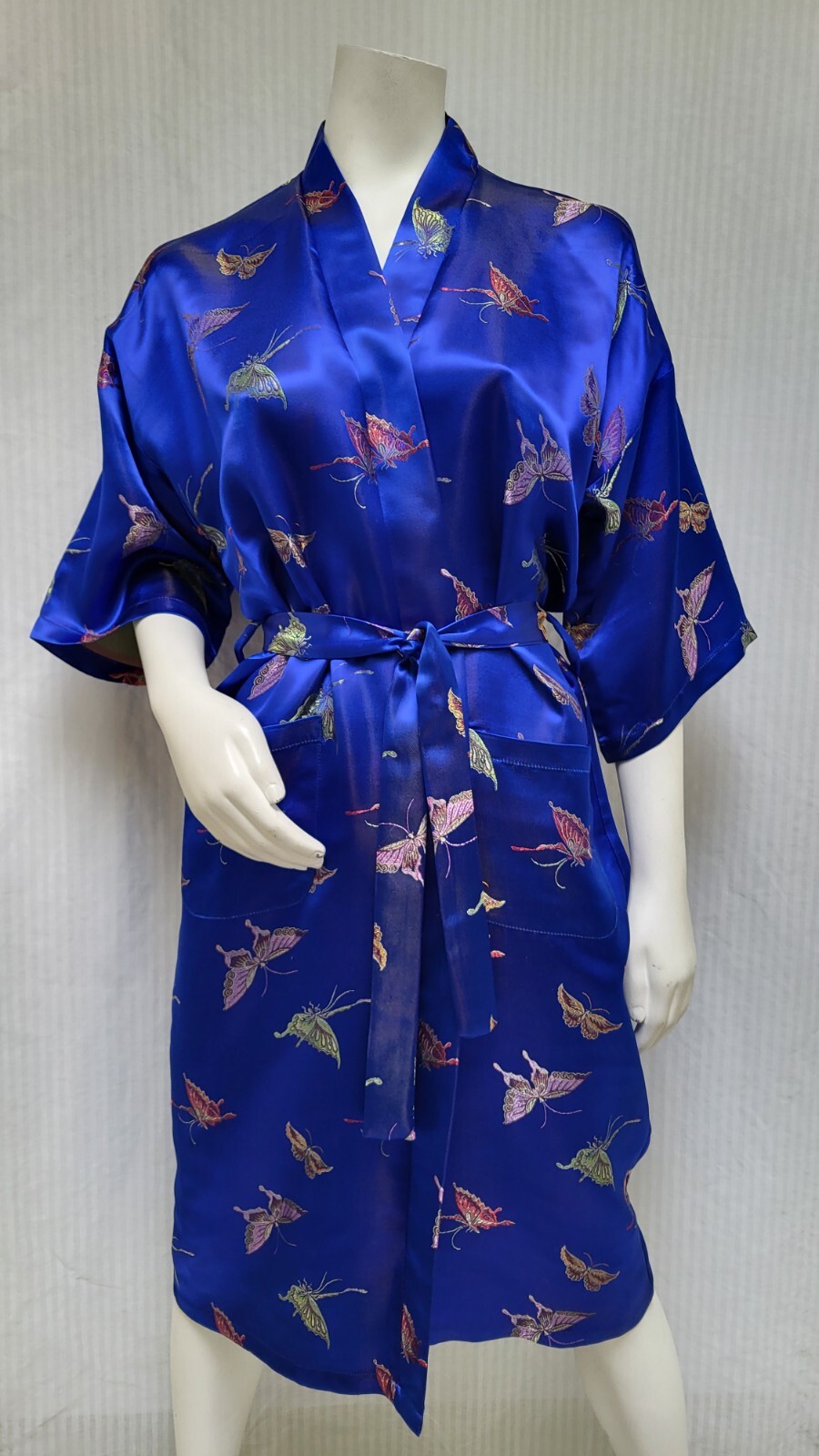 Vintage MEI GUI Blue Satin Butterfly Jacquard Japanese Silk Kimono Robe w/ Belt