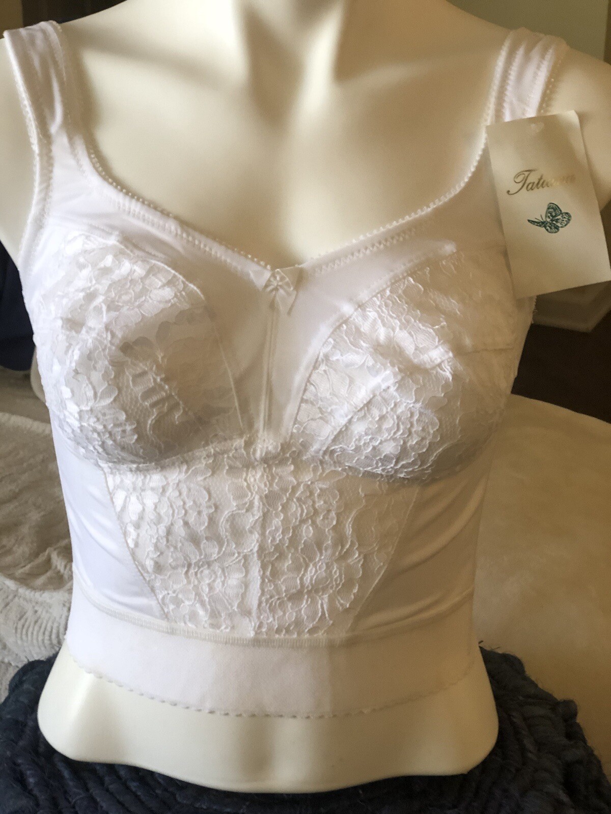 LONG LINE BRA VINTAGE LINGERIE 36 F STRETCH BRA Pin Up White New With Tags