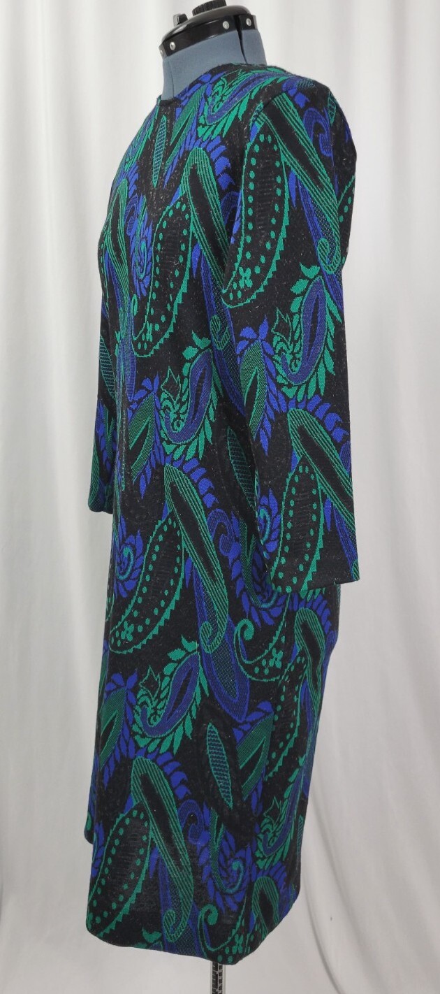 Vintage Newton Centre Black A-Line Sweater Dress w Blue/Green Paisley Size 6