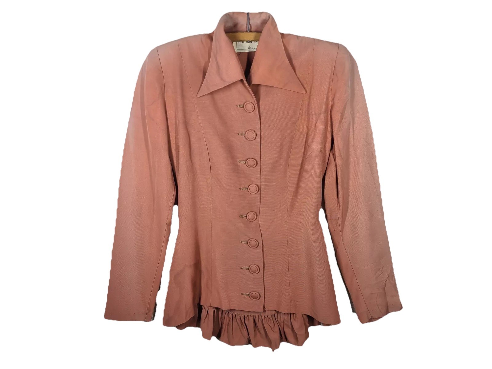 Vtg 40s Gabardine Blazer Jacket Bustle Back Flared Pinup WW2 Dye Fade S Retro