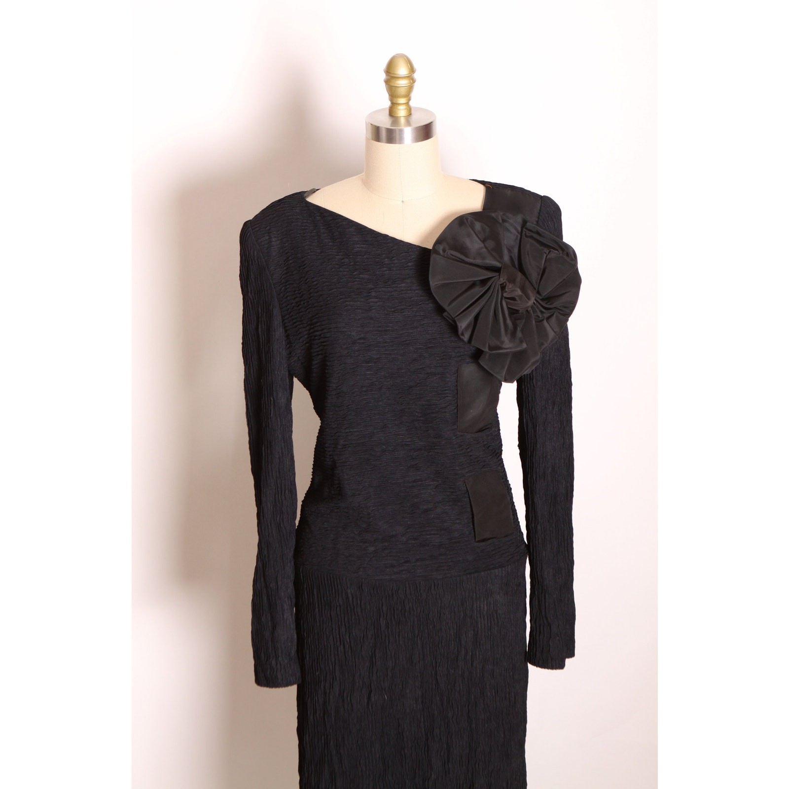 1980s Black Long Sleeve Oversized Bow Black Dress by Leslie Lucks