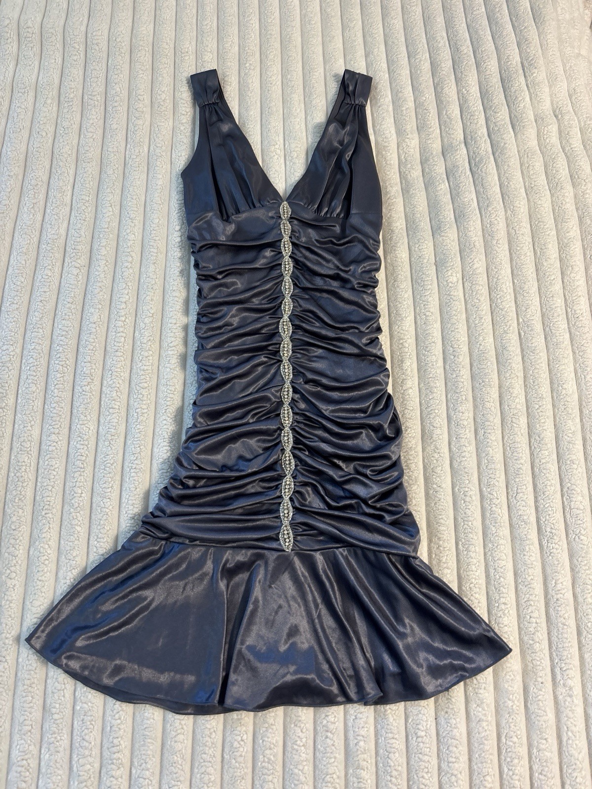Vintage Y2K B Darlin Ruched Beaded Halter Satin Mini Dress Women 3/4 Gray