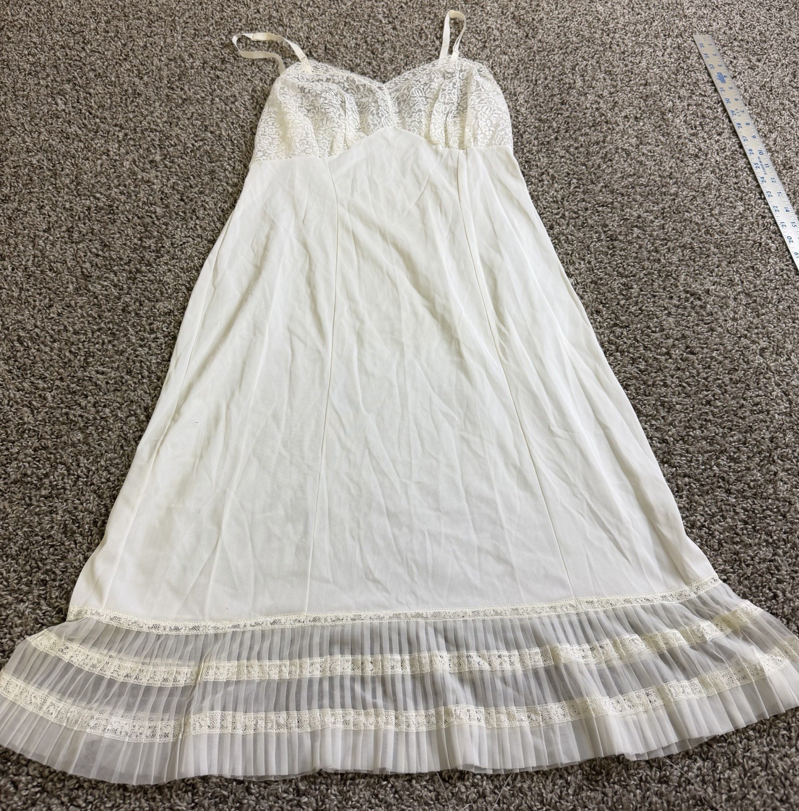 VTG Ivory Lace Slip Dress Size 36 Pleated Ruffle Hem Nylon Bridal Midi Made USA