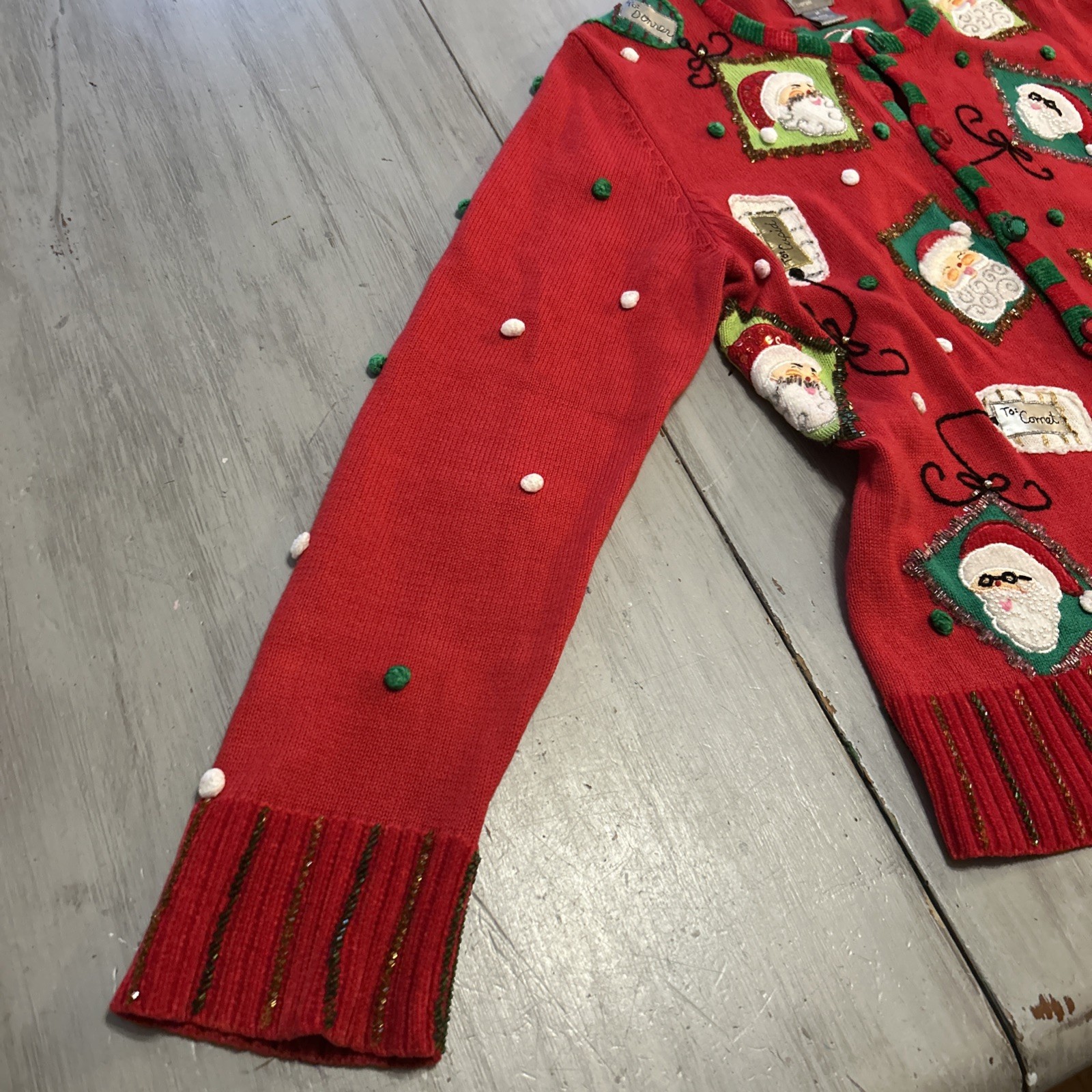 Berek Red Green Christmas Santa Reindeer Gift Tags Beaded Pom Poms Cardigan Sz M