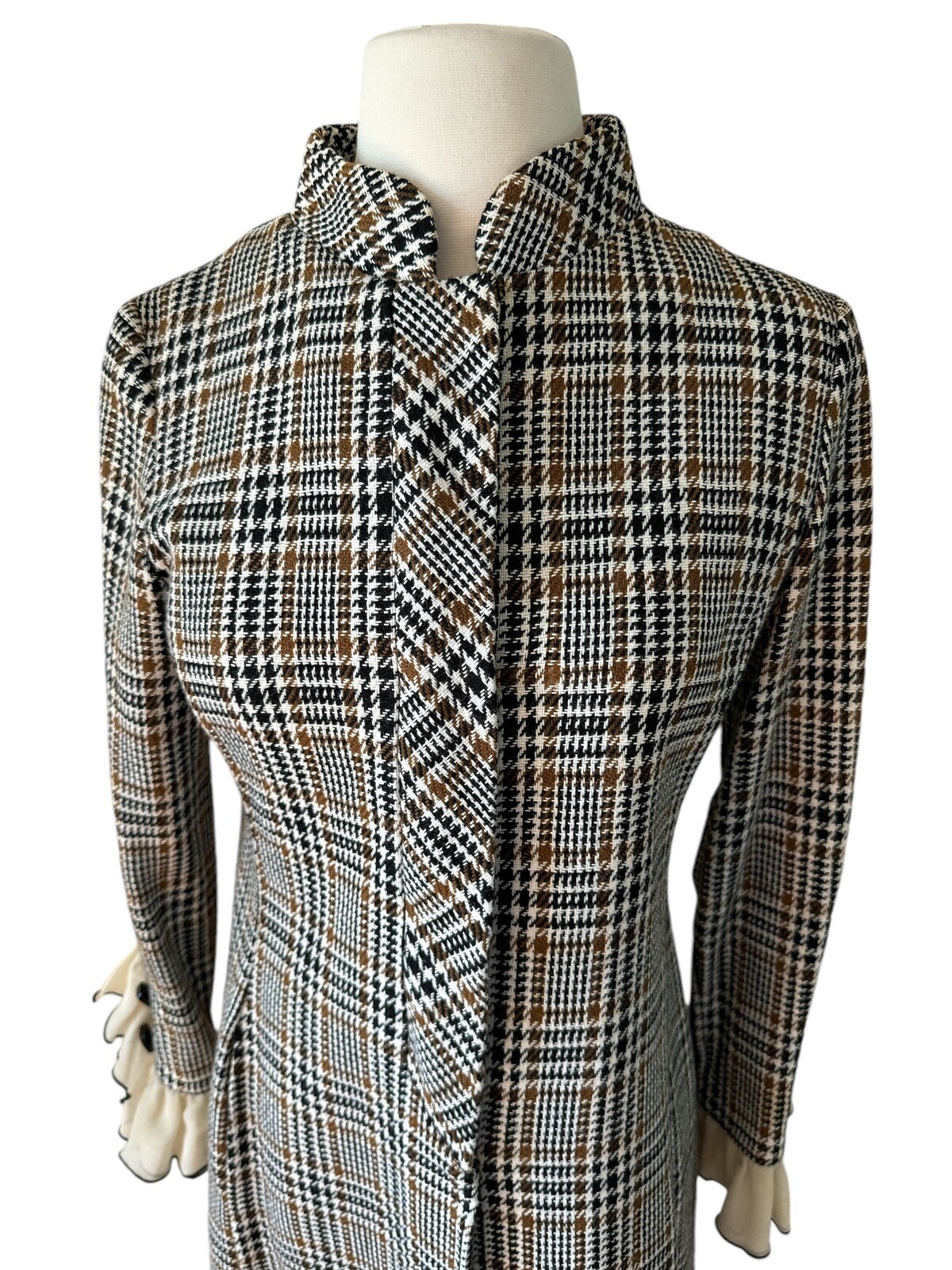 Vtg Mod Saks Fifth Avenue Brown Black Wool Tweed Plaid Dress Mandarin Collar M