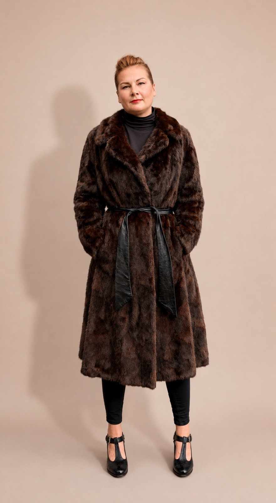 Vintage Full-Length Pieced Ranch Mink Fur Coat Massive Sweep Leather Belt Lux