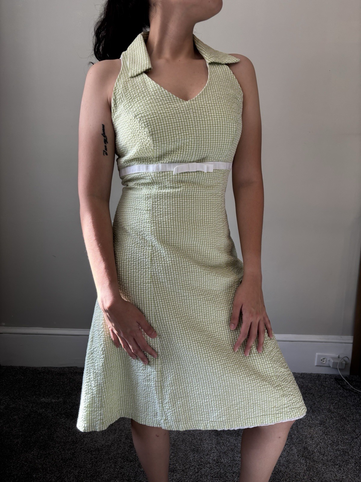60s 70s Vintage Retro Halter Cottagecore Green Gingham Midi Dress – Size Small