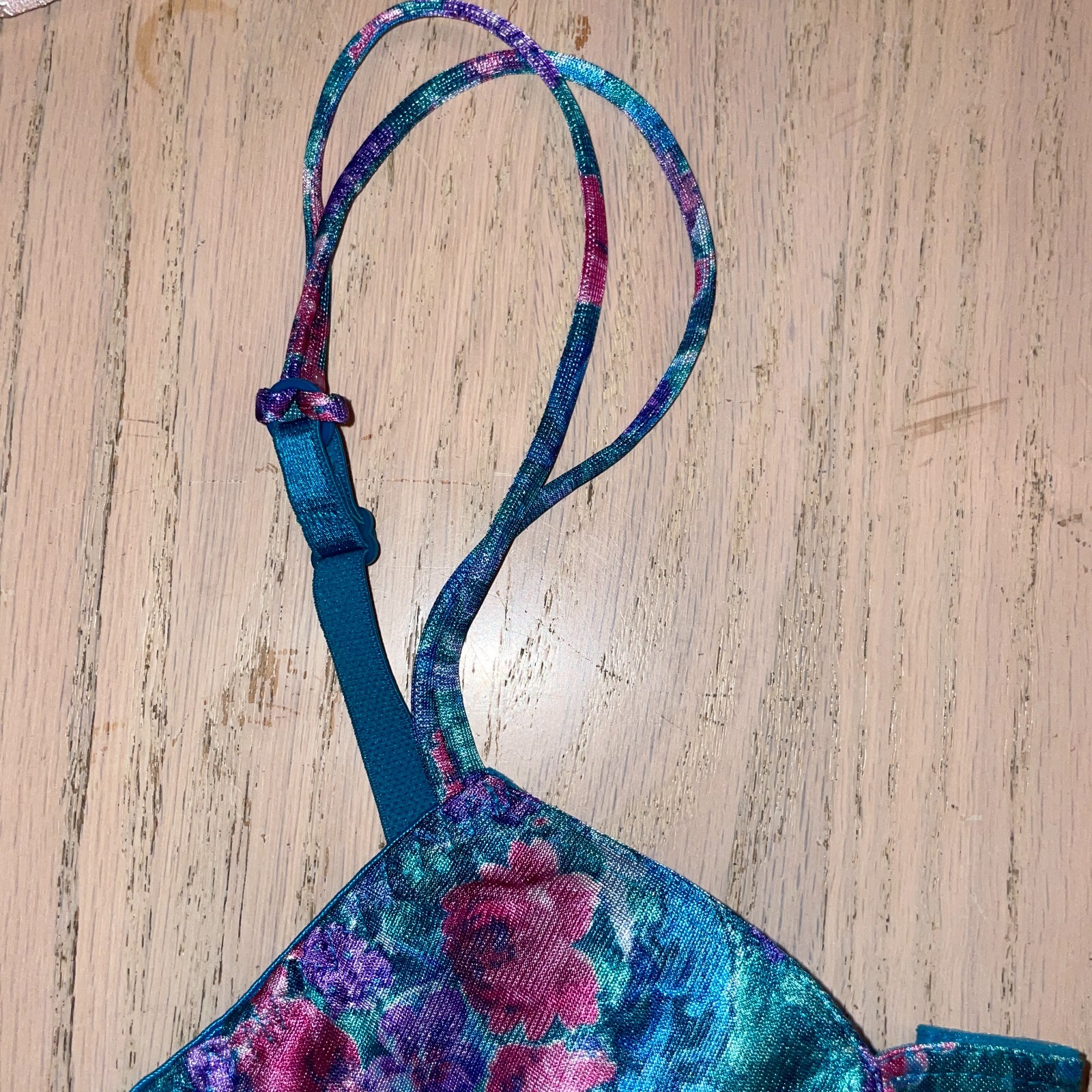 Vtg Delicates Underwire Bra Size 36B Teal Blue Floral Pink Unlined Double Strap