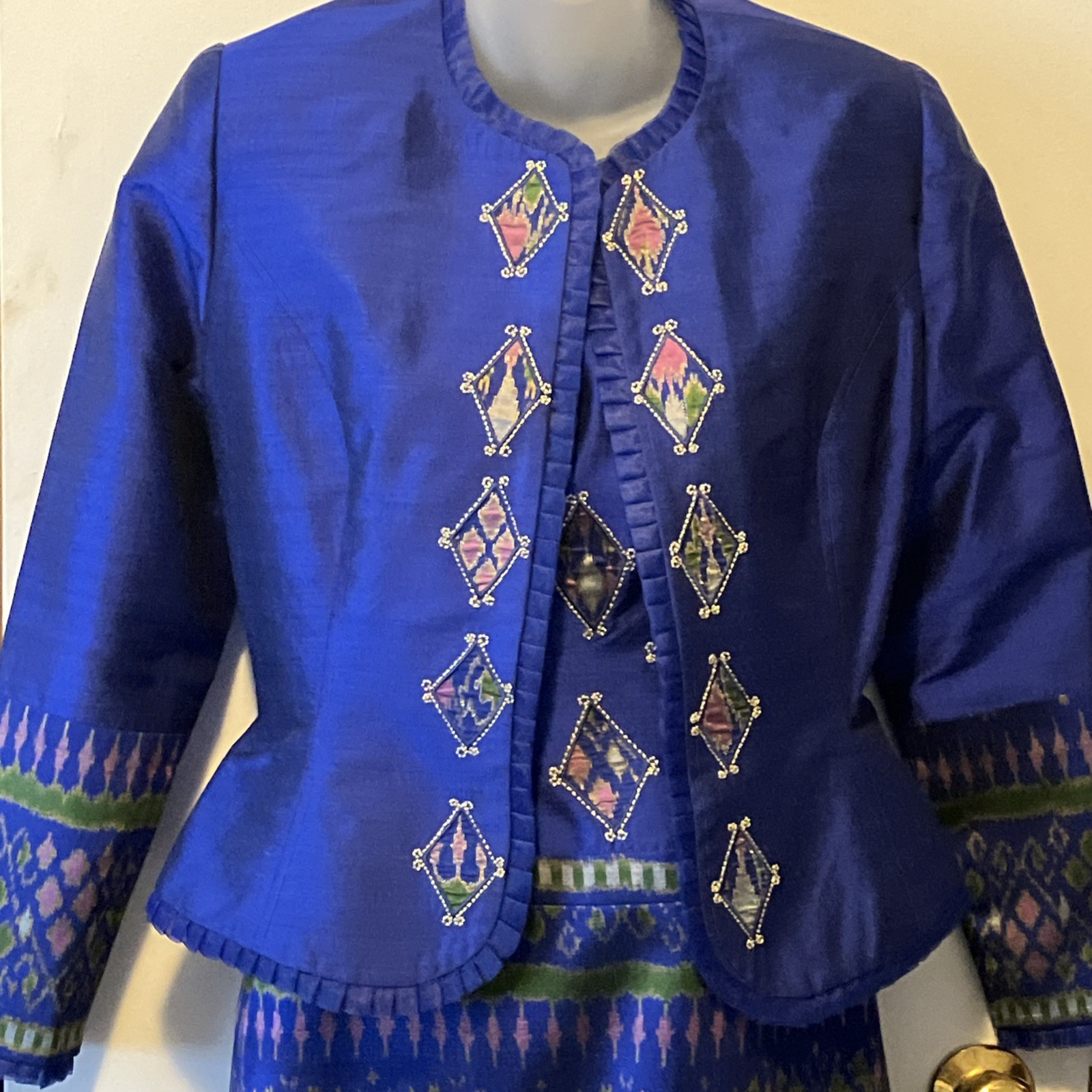 SAPPHIRE/ GOLD Traditional Evening Custom Silk Thai Formal Dress Jacket Suit 2P