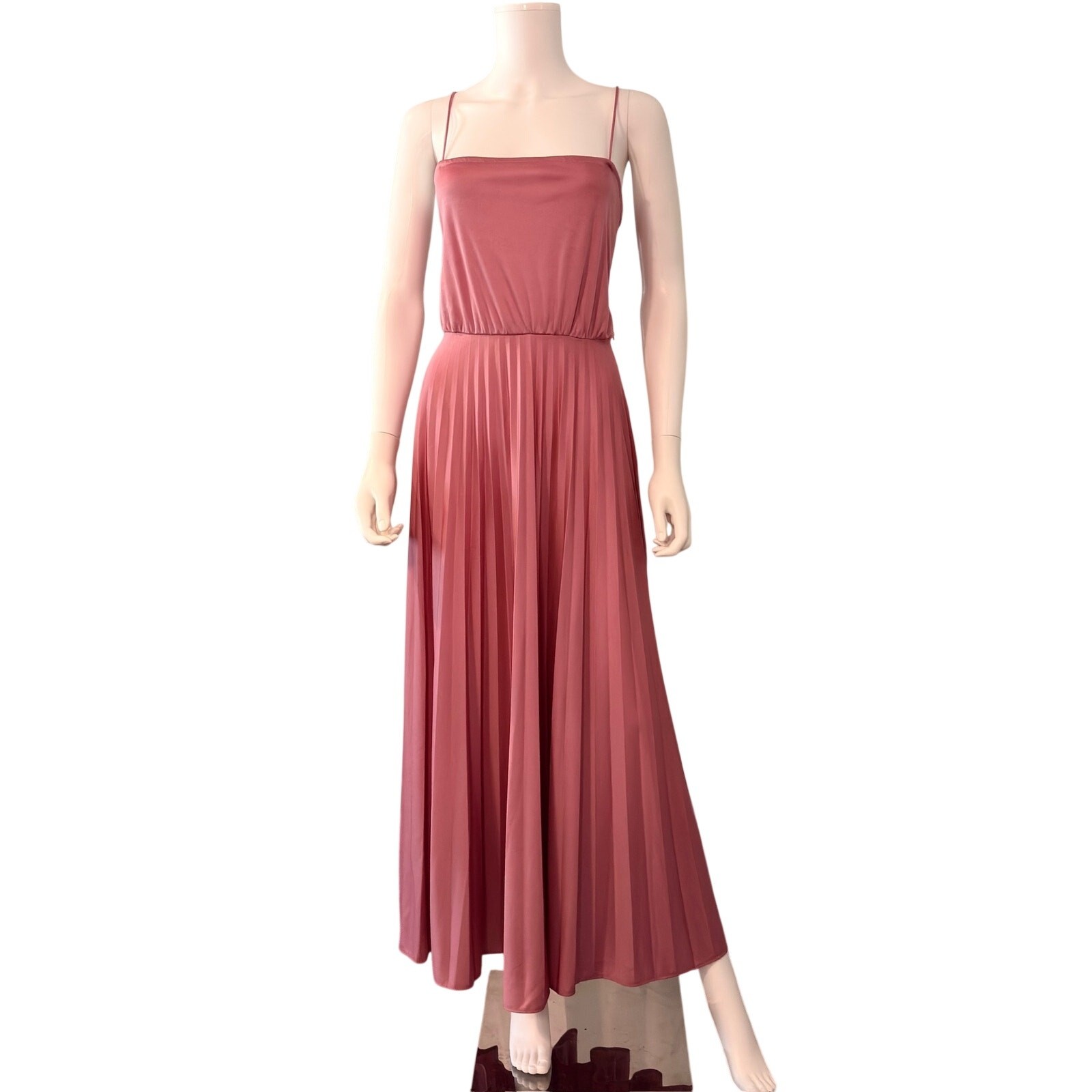 Vtg 80s Mauve Pink Pleated Midi Dress Spaghetti Strap Romantic Grecian Size 6