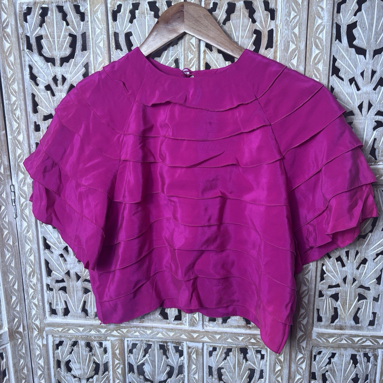 VTG 60s Bonnie Boerer Silk Ruffle Chiffon Cropped Fairycore Blouse Whimsygoth S