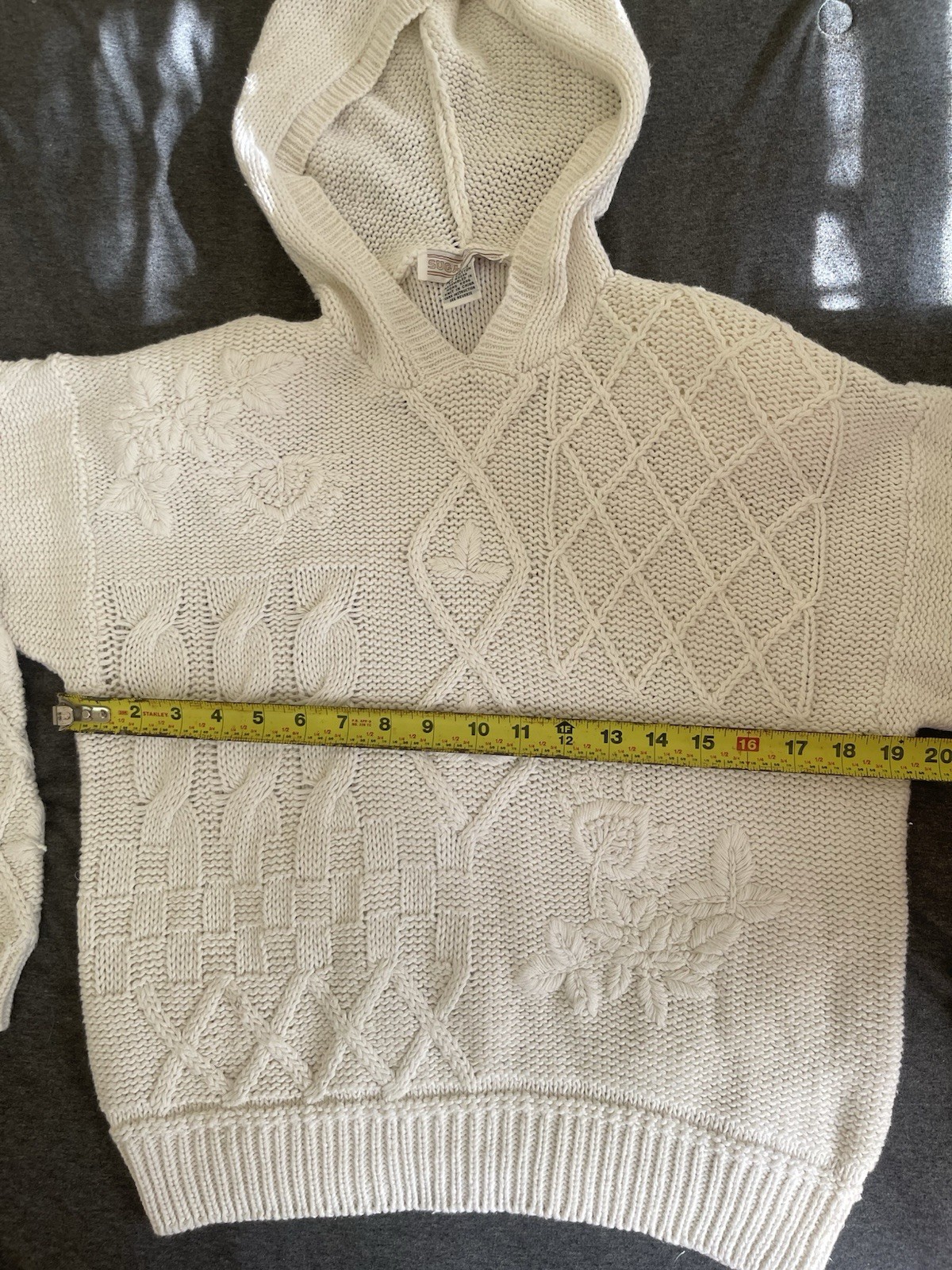 VTG Sugar Co. Ltd. Patchwork Cable Knit Hoodie Sweater In White Sz M