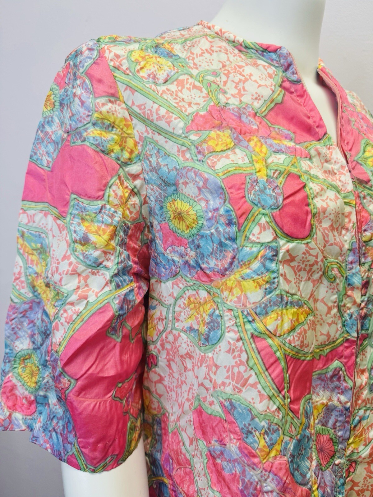 VTG RARE Caftan Kaftan Loungewear night Gown Dress robe glo pink floral zip S/M