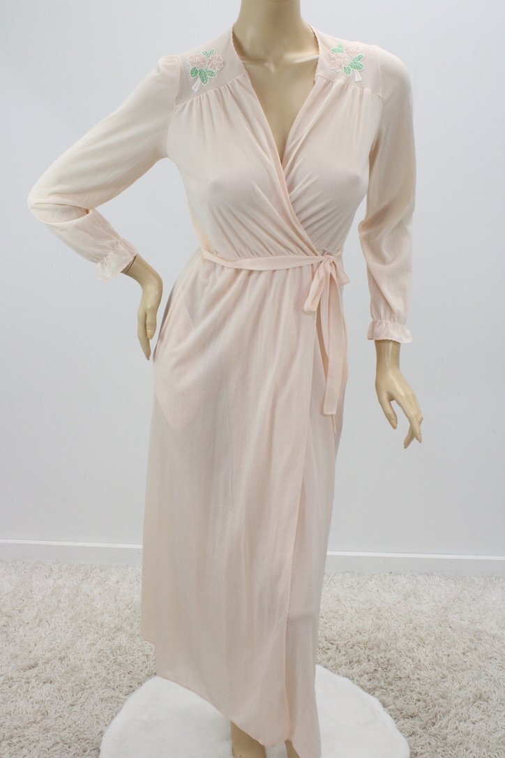 Jolie Two Long Peignoir Robe Small Nylon Peach Wrap Around Robe USA VTG