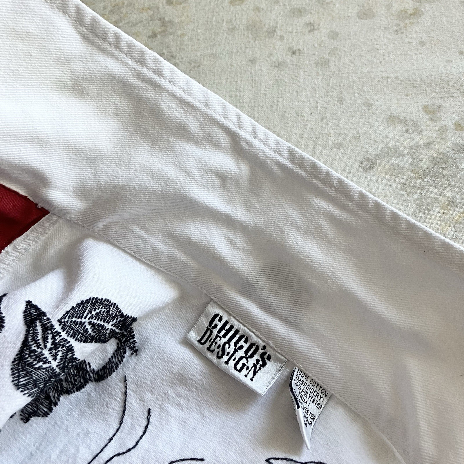 VTG Chicos Design Embroidered Jean Jacket Sz 3 / XL 16 White Denim Black Y2K