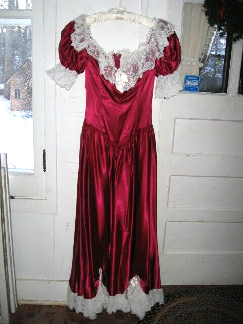 VINTAGE 1980 LORALIE ORIGINAL GLOSSY SATIN MAROON PROM BALL GOWN WHITE LACE – S