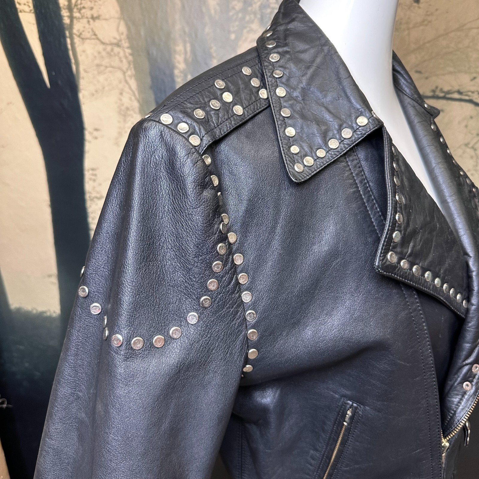 Vintage Leather Motorcycle Jacket 90s Black Studded Biker Punk Coat L/XL