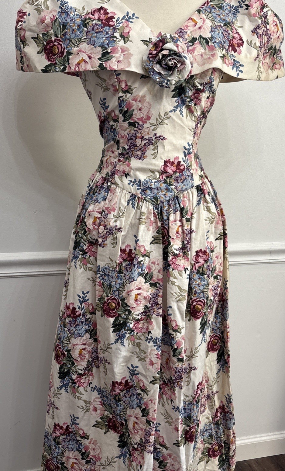 Coquette Romantic Vintage 80s90s Ivory Floral Fairycore Dress 10 Midi Party USA