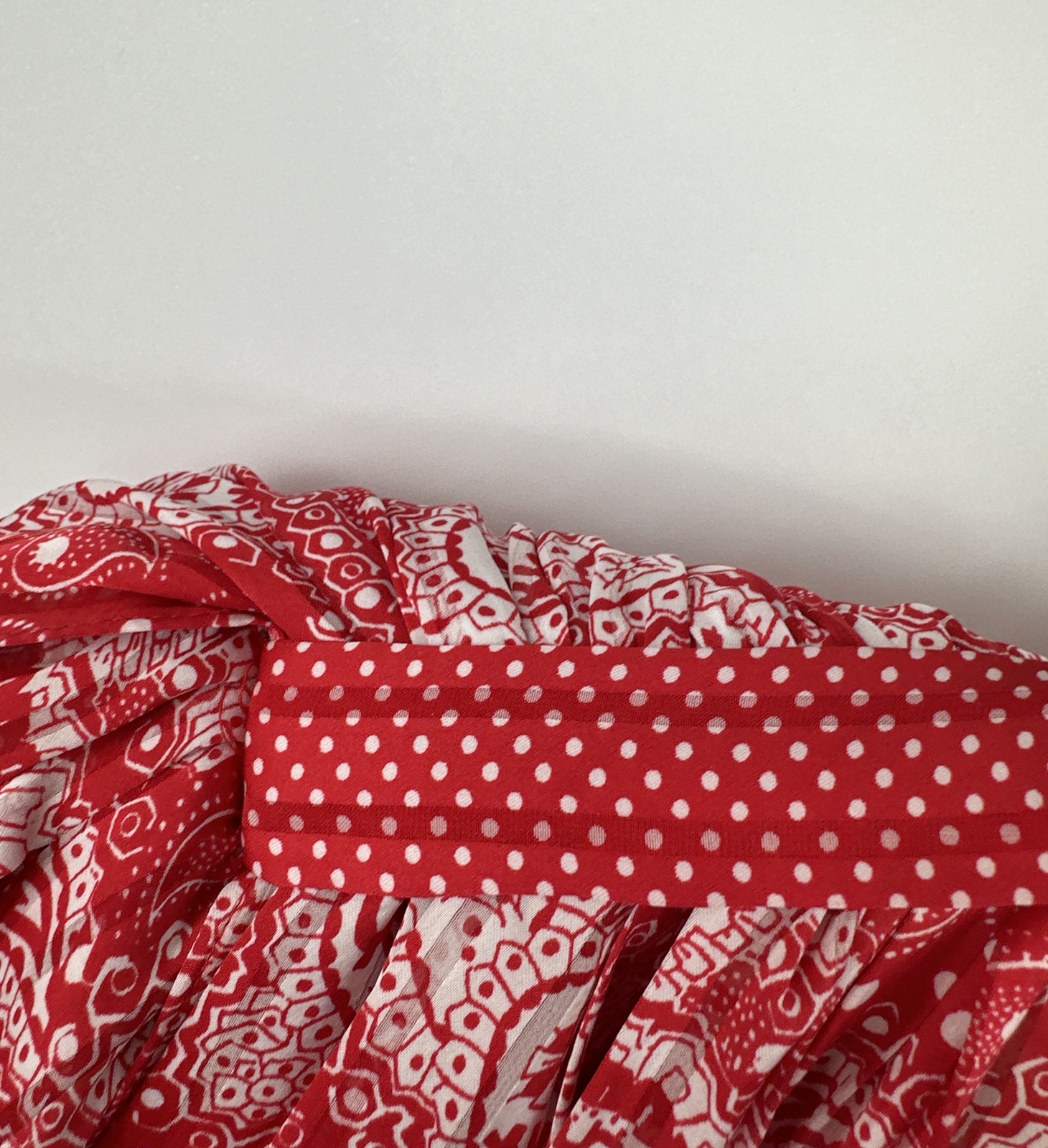 Diane Freis Georgette Red Paisley Polka Dot Dress With Shoulder Drape Cascade