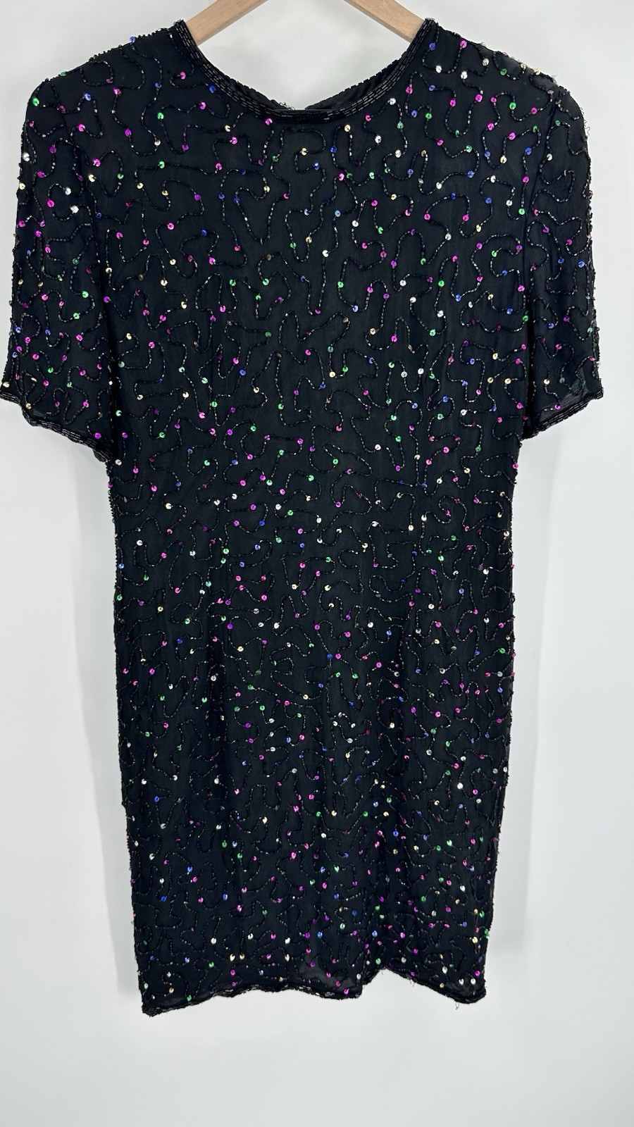 VTG Silk Sequin Beaded Dress Party 80s Sparkle NYE 90s Cocktail Homecoming Large