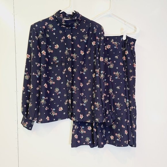 Pendleton Skirt Shirt Vintage Set Blue Floral 2pc Blouse Womens 12 Petite Fits S