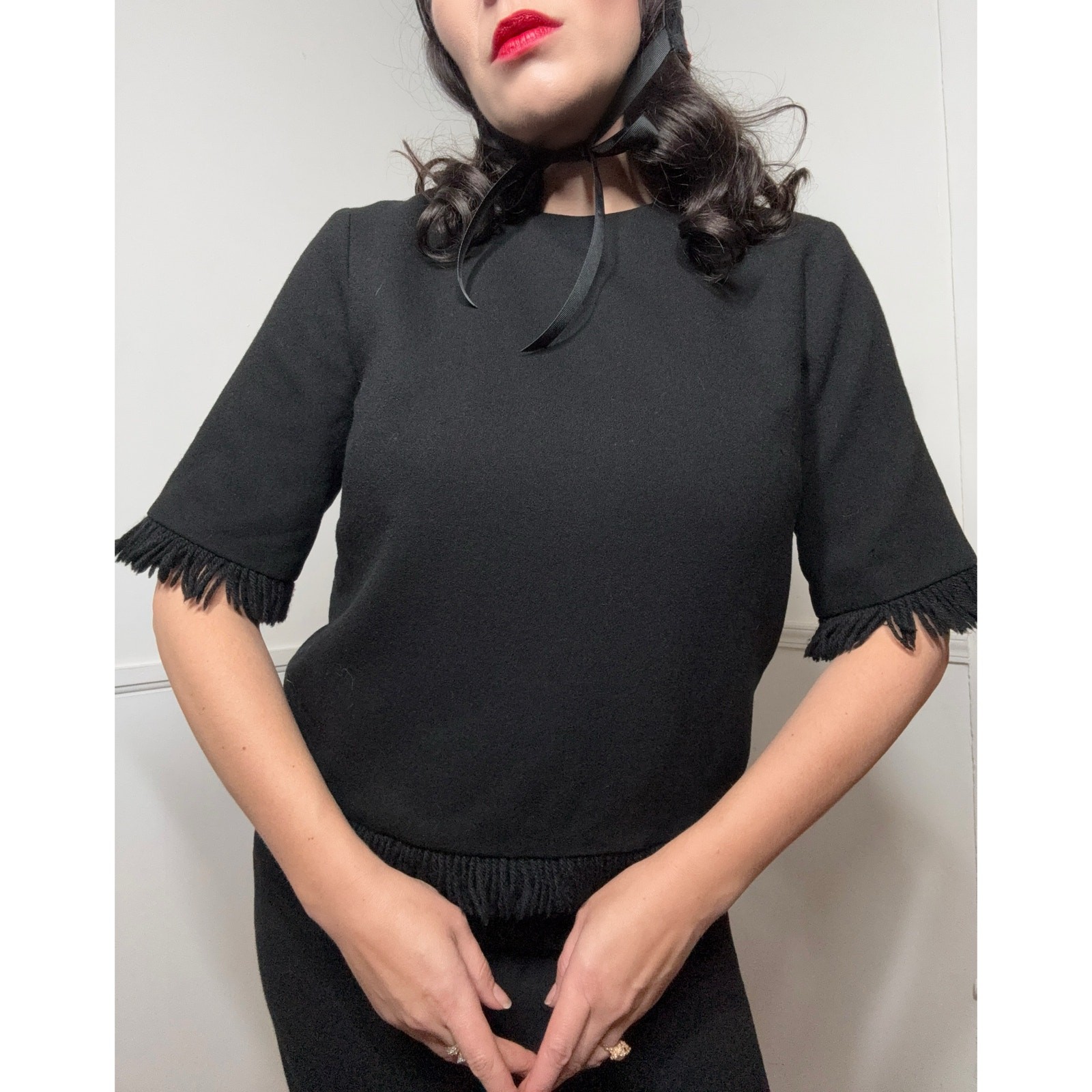 Medium 1960s Vintage Black Knit Fringed Dress by Eve Le Coq