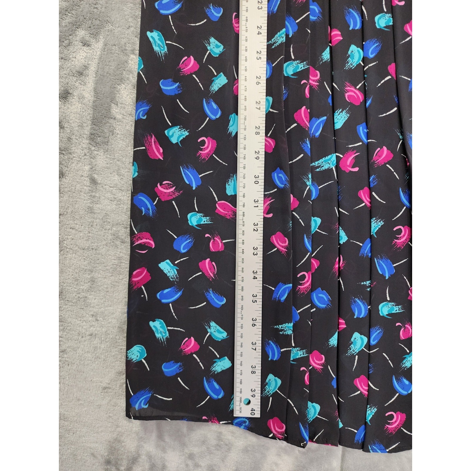 Vintage 80s JB Too Abstract Floral Blouson Pleated Day Dress Size 8 Black Pink