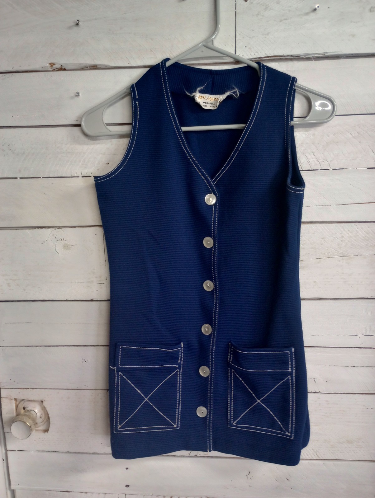 Vintage 70s Women’s Blue Vest Top Size Small Pockets Button Up Disco Boho