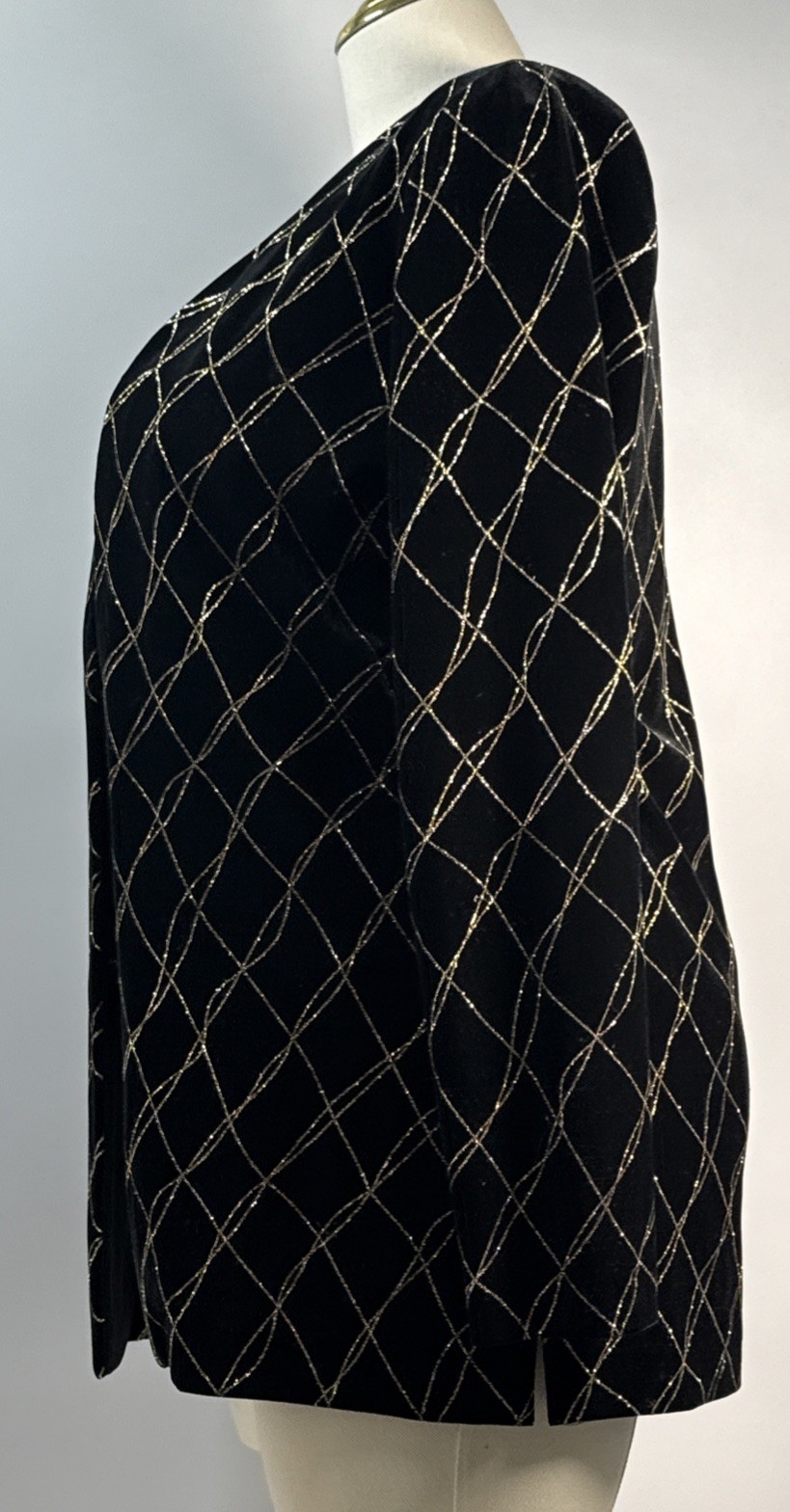 J.B.S. LTD. Size 12 Vintage Velvet Metallic Grid Open Front Jacket Black/Gold