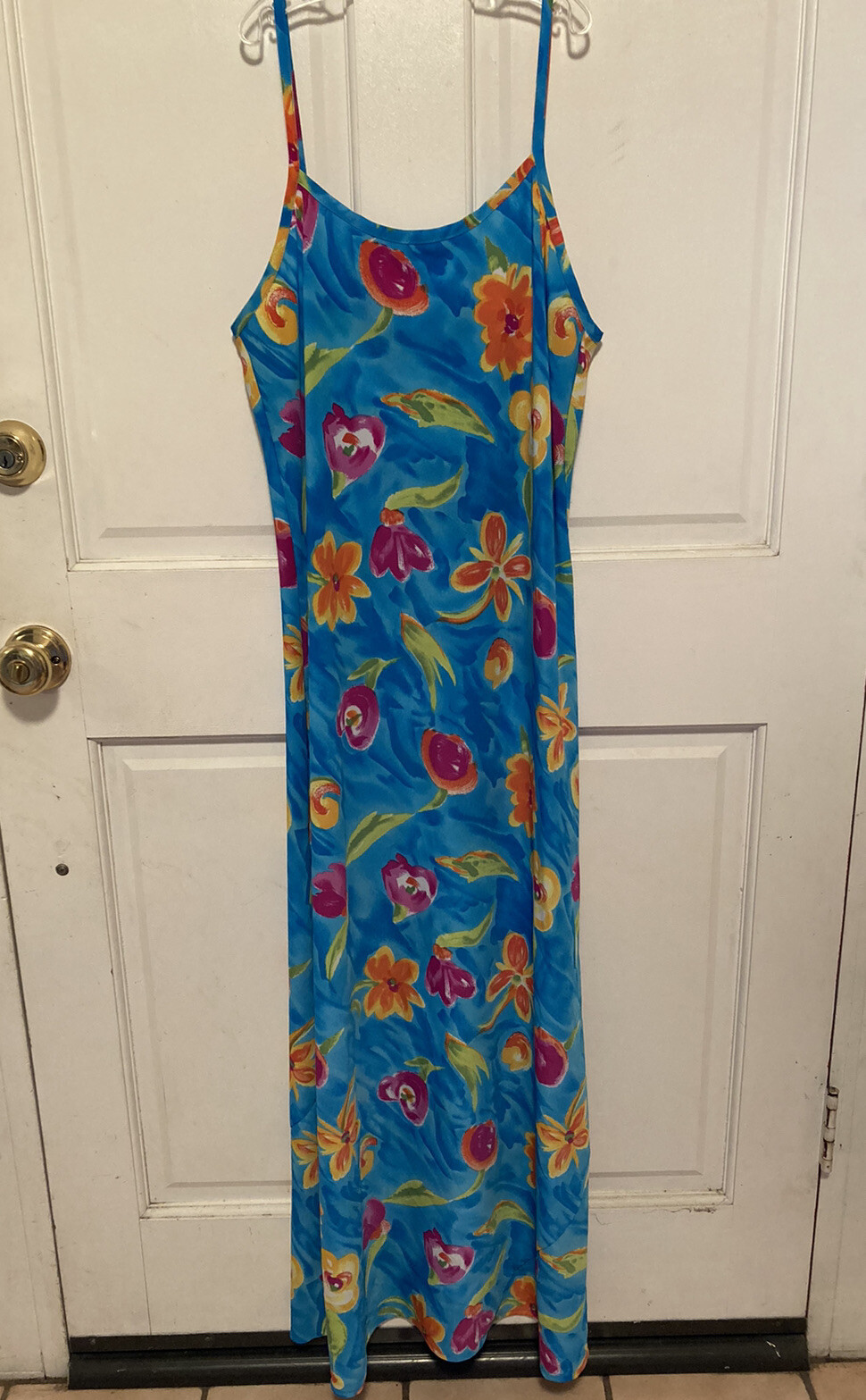 MEGHAN ELISSE long floral Hawaiian Dress VINTAGE ‘80s blue/yellow/orange MEDIUM