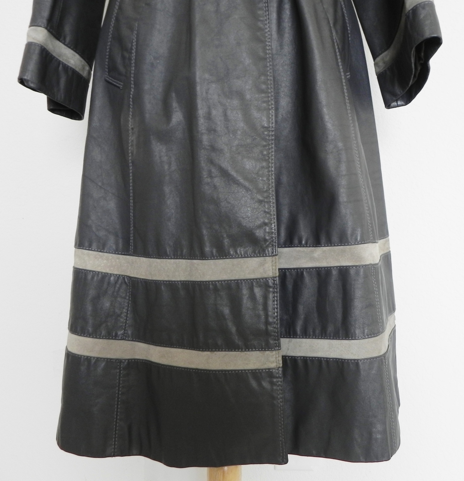 The Tannery Montgomery Ward Leather Overcoat Pockets Gray Midi Belted Size M