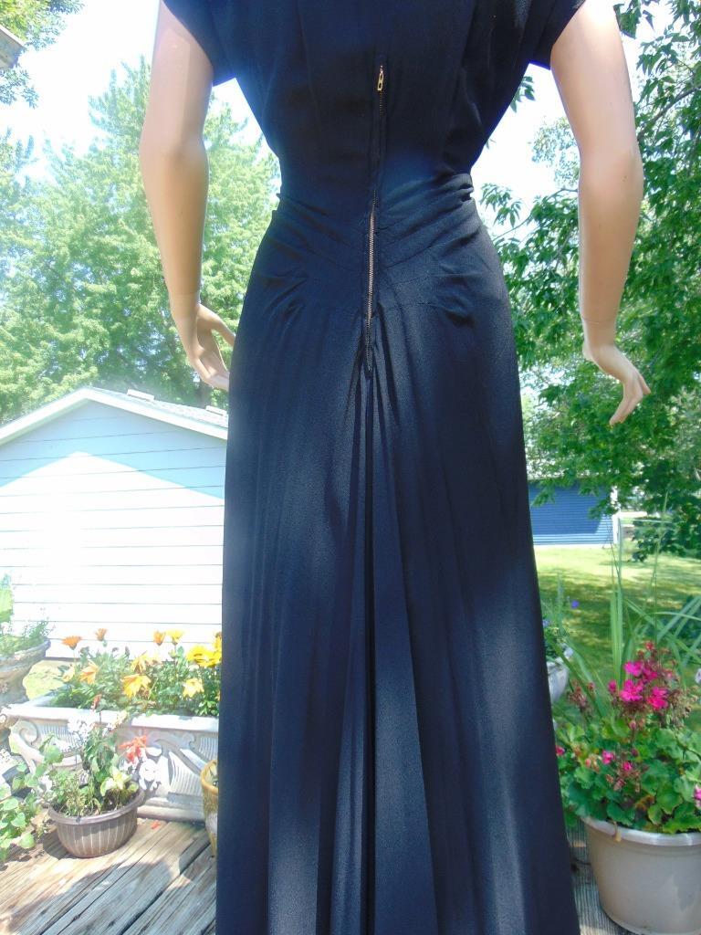 VTG 40s Black Rayon Sequin Cocktail Dress Back Drape 28W