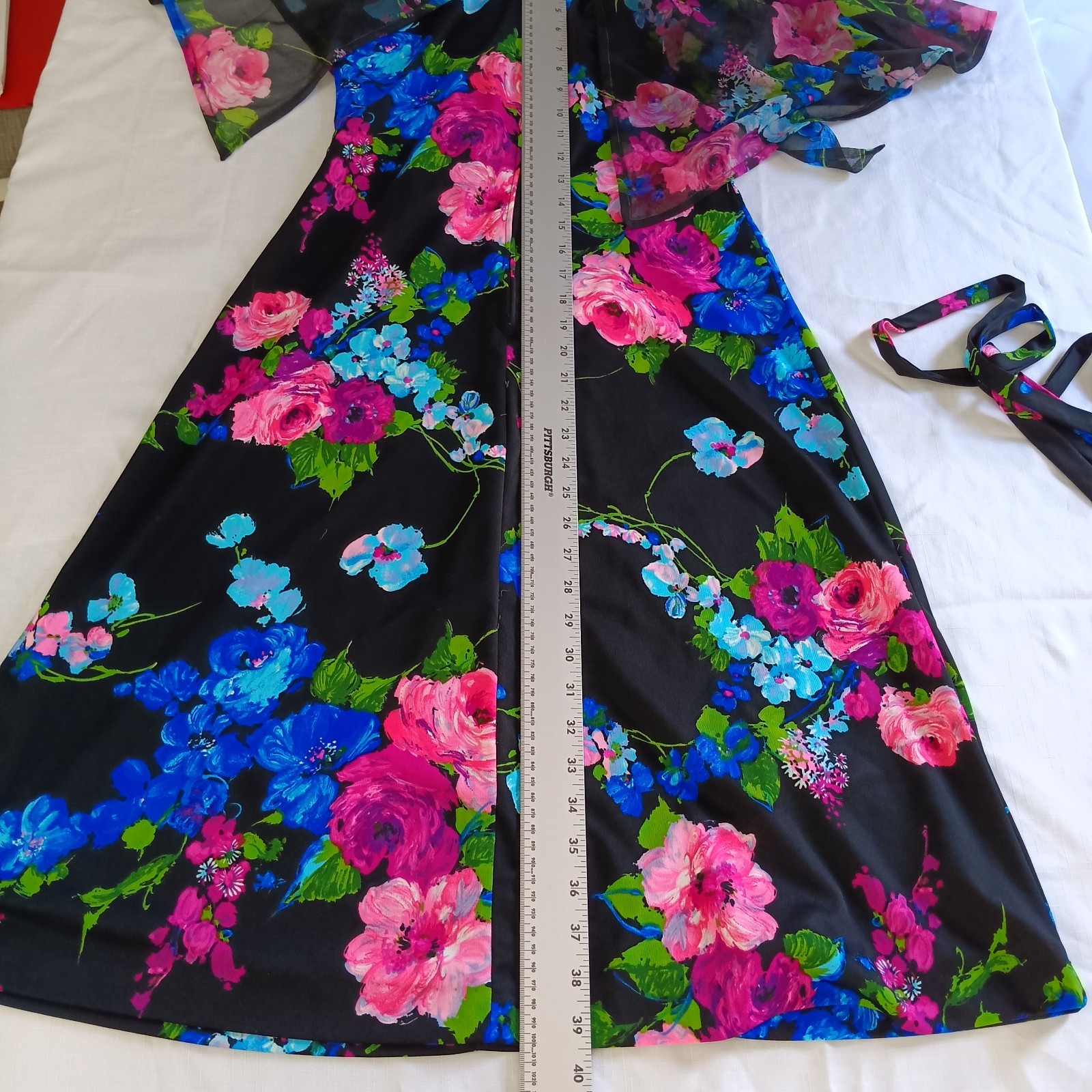 Vintage Floral Cape Sleeve Secretary Dress Black Pink Blue Chiffon Belted Sheer
