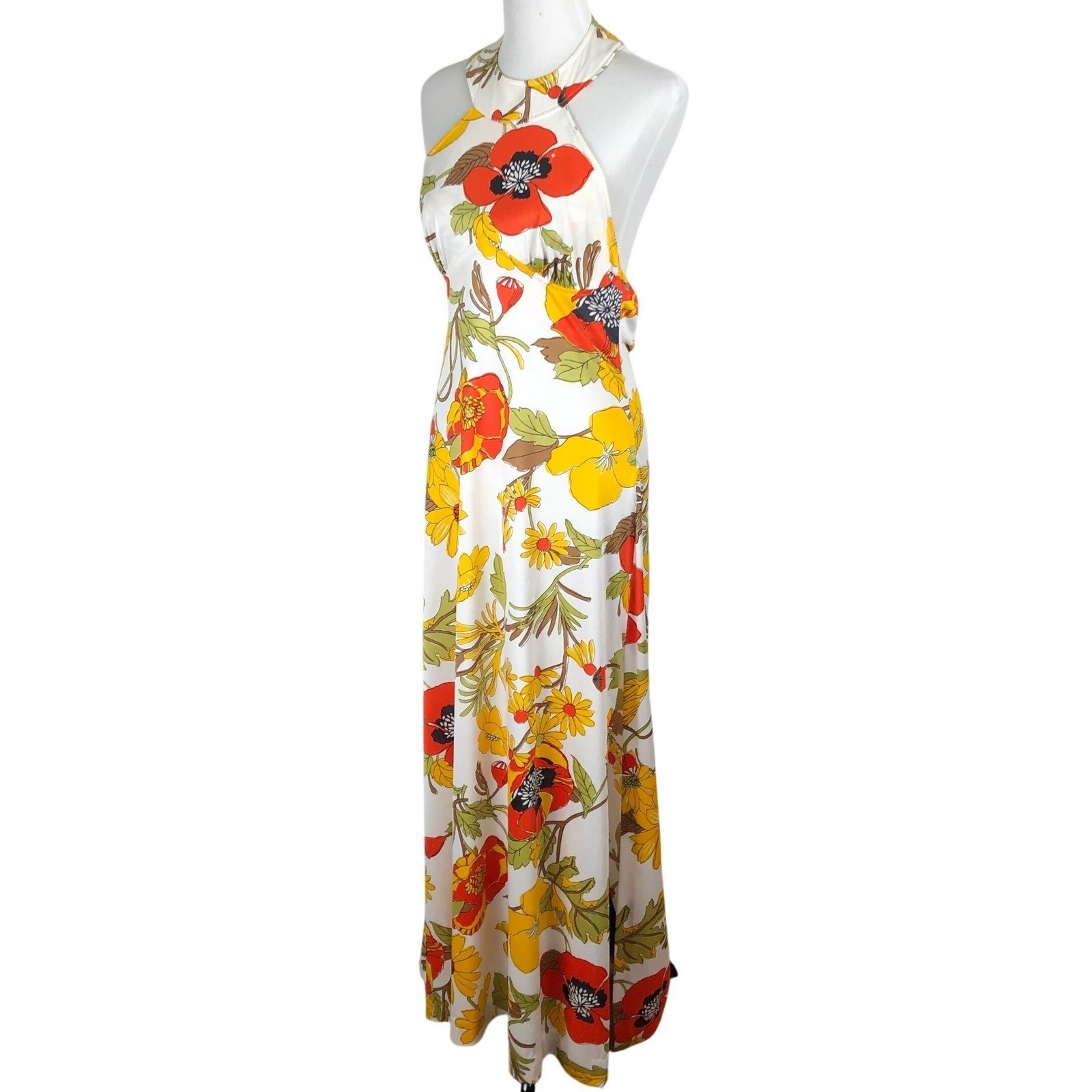 VTG 70s Floral Poppy Open Back Round Neck Halter Maxi Dress Sz S/M White