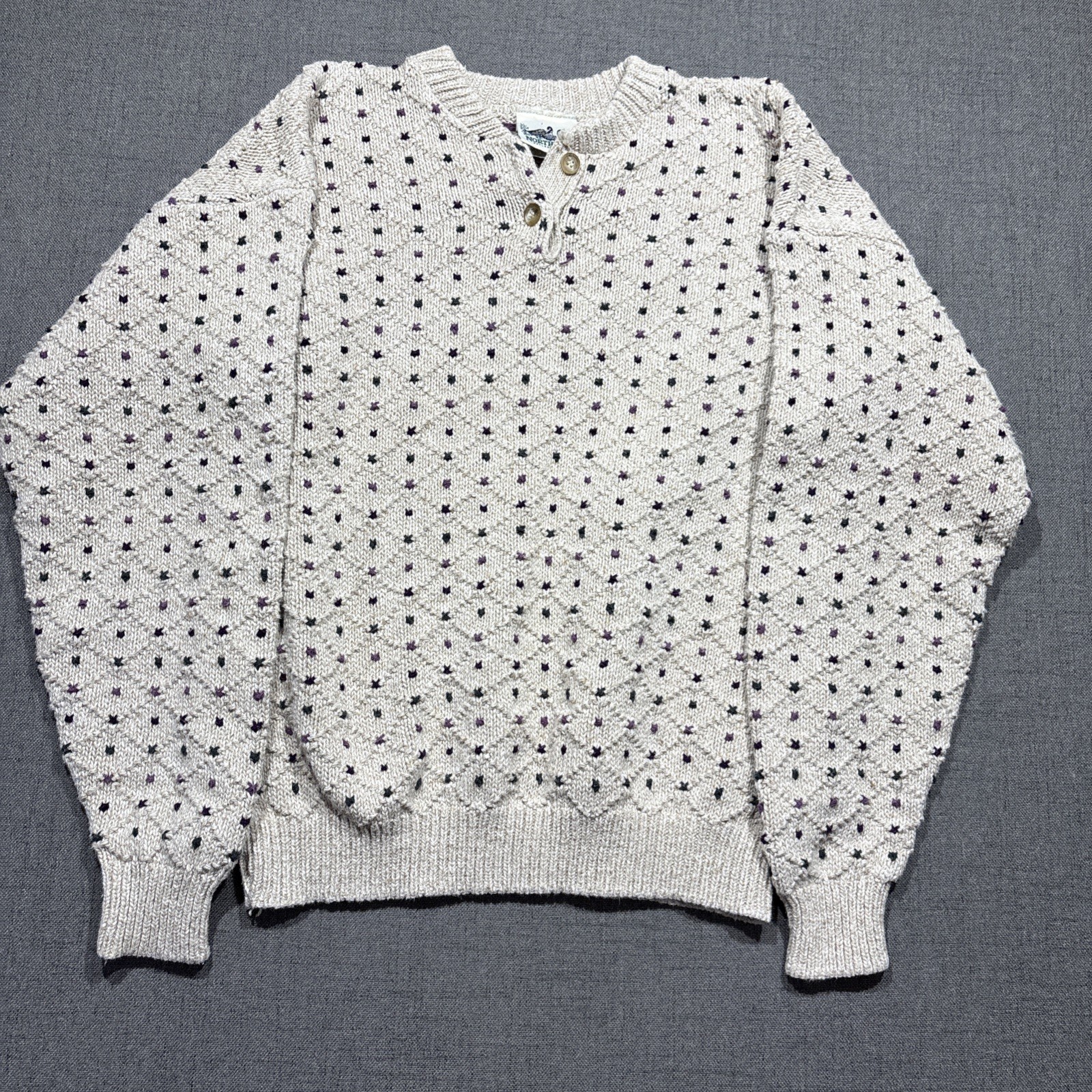Vtg Northern Reflections Sweater Large Cream Button V-Neck Geometric Earthy USA