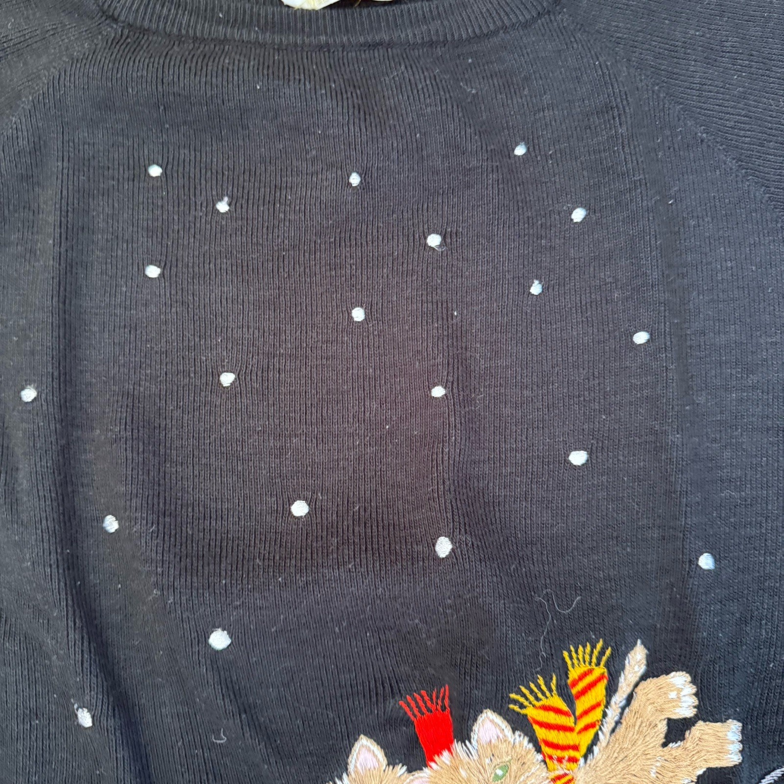 Vtg Cyn Les Novelty Sweater Wmns Sz 44 XL Cats Sleigh Snow Embroidered Holiday