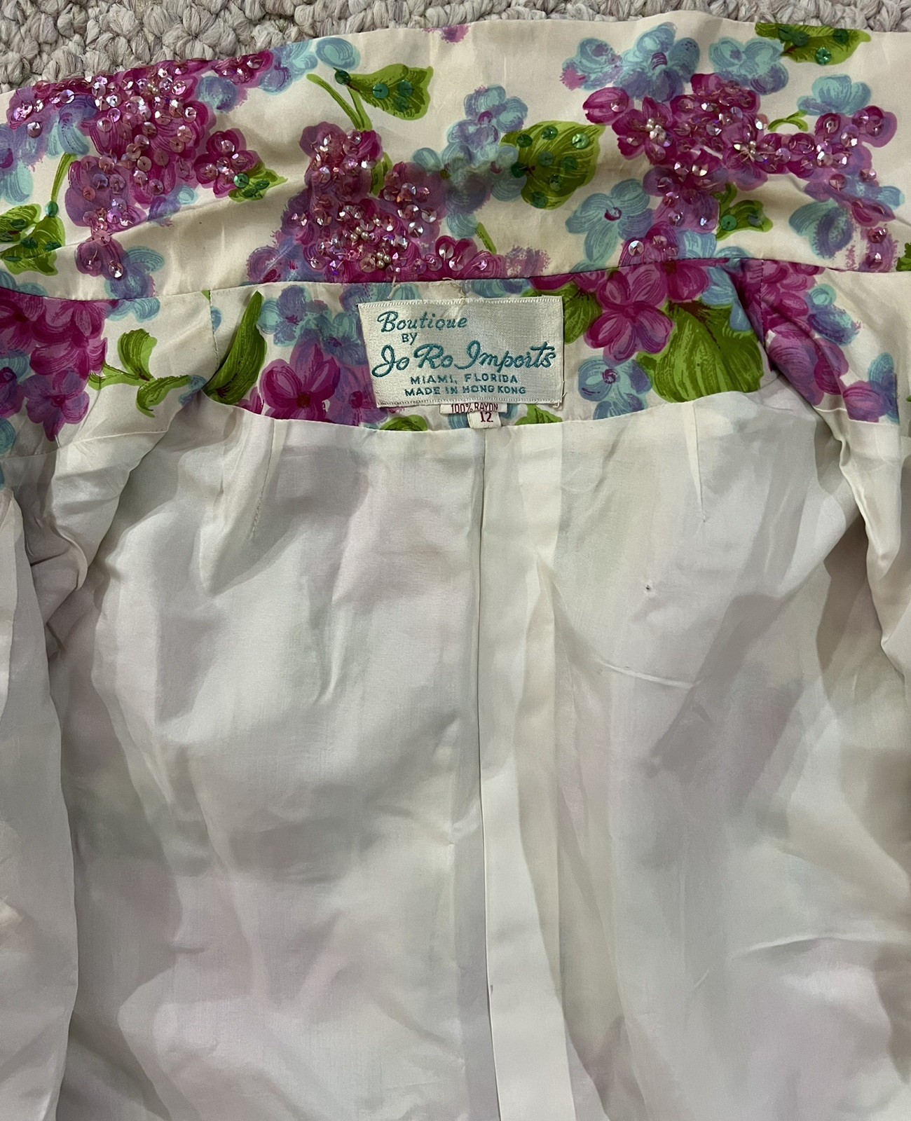 Vintage 50s Jo Ro Imports Beaded Sequins Blouse Jacket White Floral Size 12 M/L