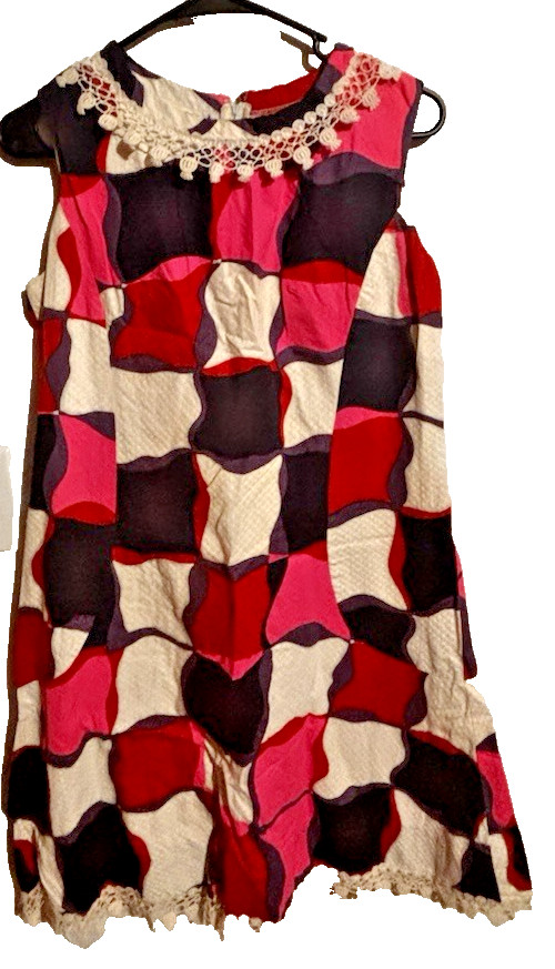 Vintage A-Line Eyelet Fringed Dress 1960’s Pink Purple Wavy Checkers